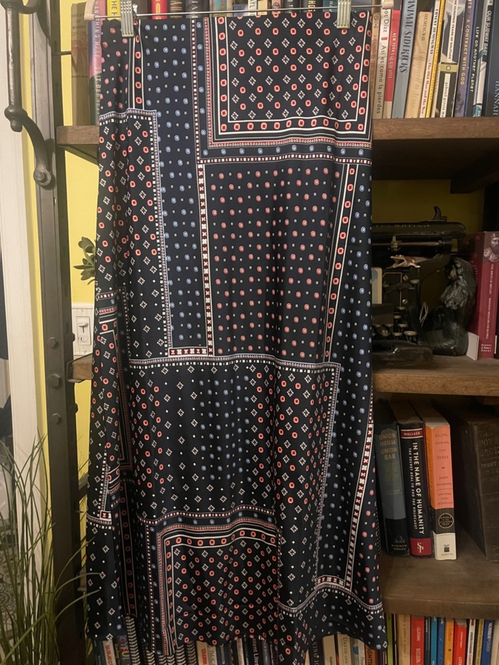 LOFT Navy Midi Skirt with Red and Light Blue Geo Print
